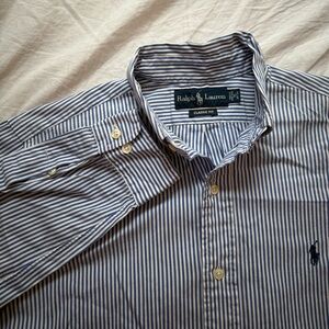 Blue + white Polo Ralph Lauren striped button up shirt Men’s S or 15 neck 32/33